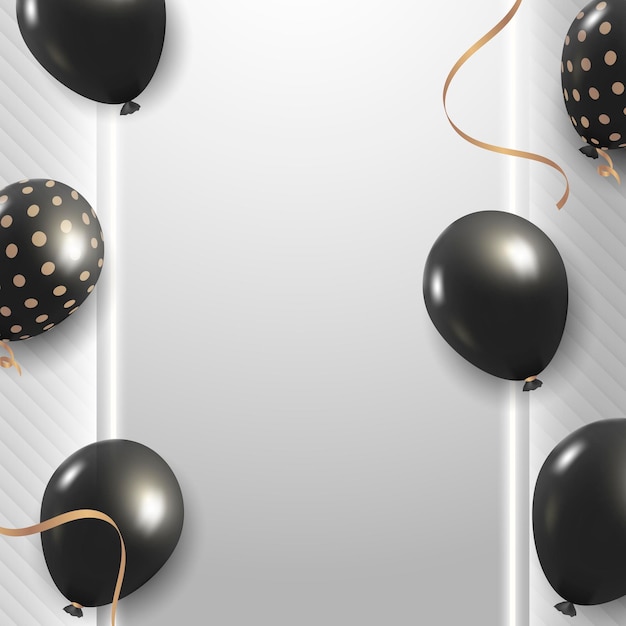 Marco de globos de fiesta de brillo negro en vector de diseño de fondo gris