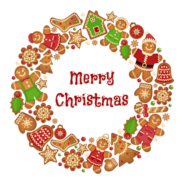 Marco de guirnalda de vacaciones de galletas de Navidad. Celebración saludo ornamento, guantes y campana de galletas, copo de nieve y árbol.