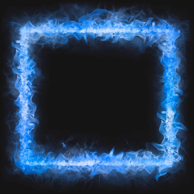 Marco de llama, forma cuadrada azul, vector de fuego ardiente realista