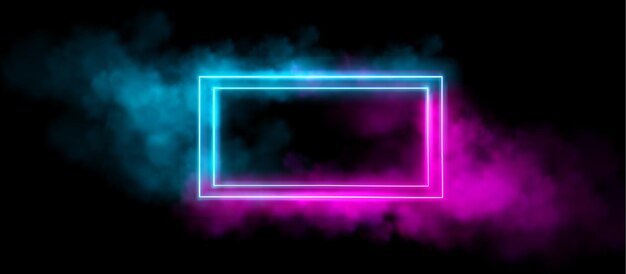Marco de luz de neón rectangular en una nube de humo
