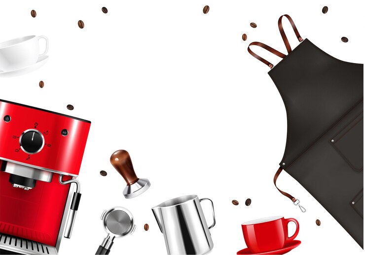 Vector gratuito marco con máquina de delantal de barista realista y herramientas para preparar café sobre fondo blanco.