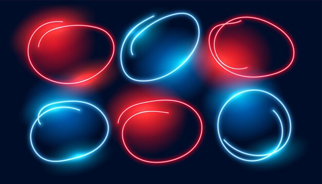 marco de neón circular de estilo geométrico rojo y azul en vector conjunto