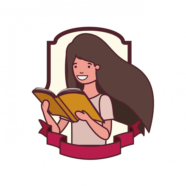 Marco con niña estudiante y libro de lectura.