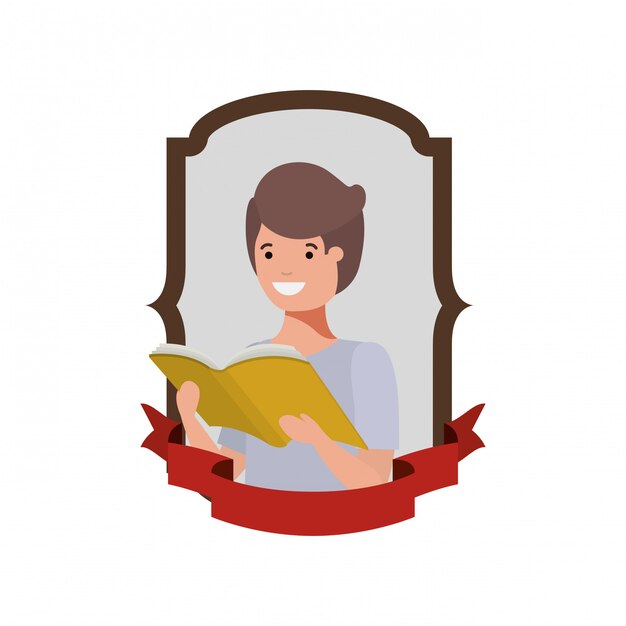 Marco con niño estudiante y libro de lectura.