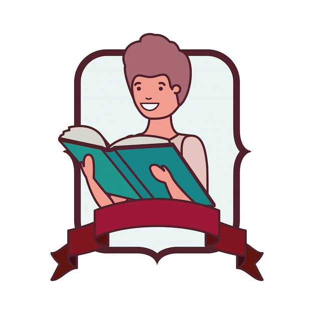 Marco con niño estudiante y libro de lectura.