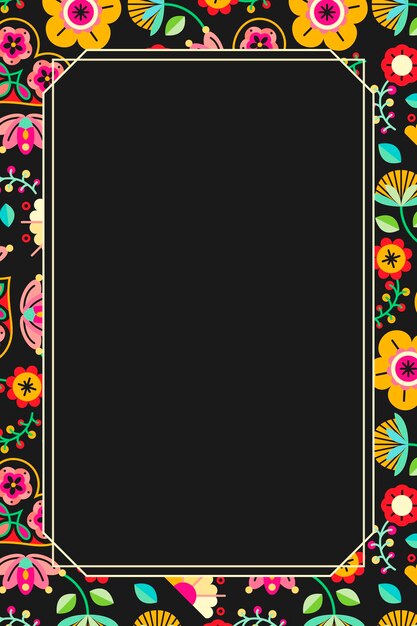 Marco de patrón popular de flores sobre fondo negro