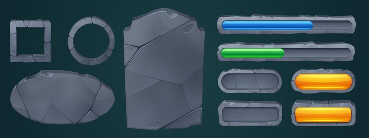 Vector gratuito marco de piedra y juego de mesa de roca ui vector de dibujos animados placa medieval y plantilla de diseño de barra de progreso de carga bloque de letrero aislado para menú con textura de grieta conjunto de iconos de placa de información en blanco gui
