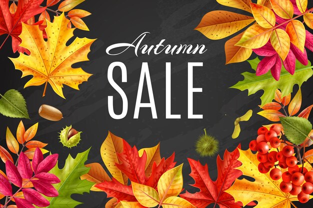 Marco de pizarra de venta de otoño realista rodeado de hojas descoloridas ilustración