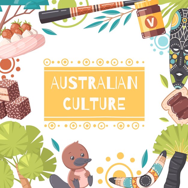Marco plano de la cultura australiana que consiste en máscara antigua didjeridoo boomerang vegemite lamington iconos de dibujos animados ilustración vectorial
