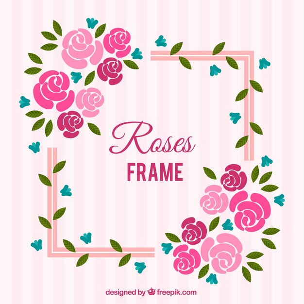 Marco plano con flores azules y rosas