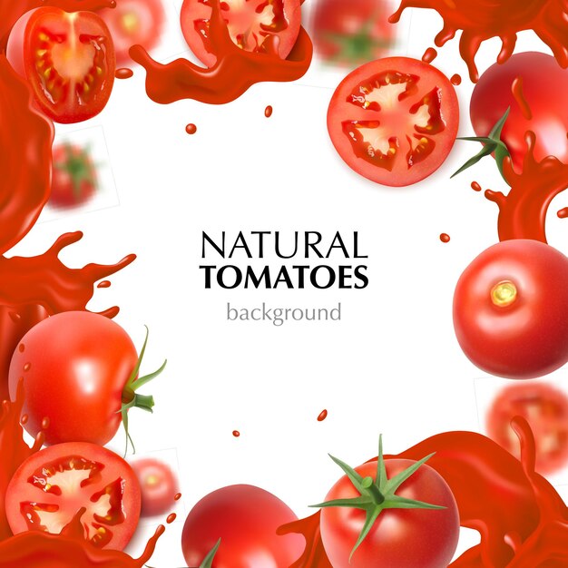 Marco realista con tomates naturales enteros y en rodajas y salpicaduras de jugo sobre fondo blanco.