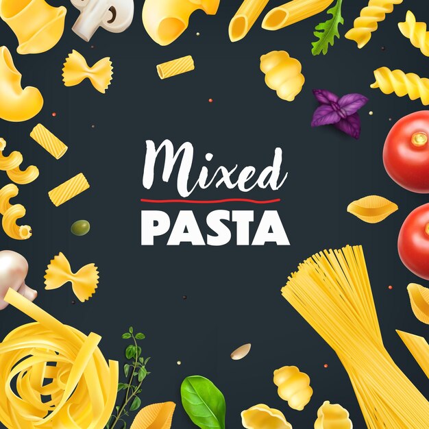 Marco realista con varios tipos de hierbas y verduras de pasta italiana seca en la ilustración de vector de fondo negro