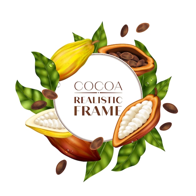 Vector gratuito marco redondo en estilo realista con dibujos vectoriales de granos de cacao y hojas