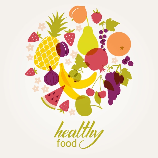 Marco redondo de frutas jugosas frescas. Dieta saludable, vegetarianismo y veganismo.