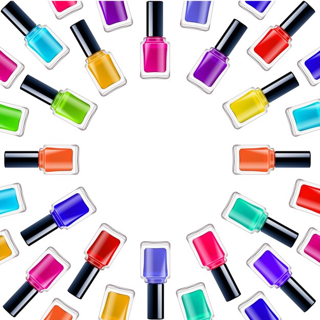 Marco redondo realista con esmaltes de uñas coloridos en recipientes cerrados sobre fondo blanco
