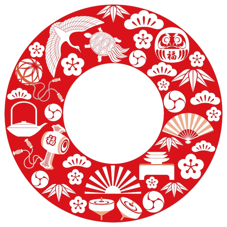 Vector gratuito marco redondo de vector con amuletos de la suerte japoneses celebrando el año nuevo.