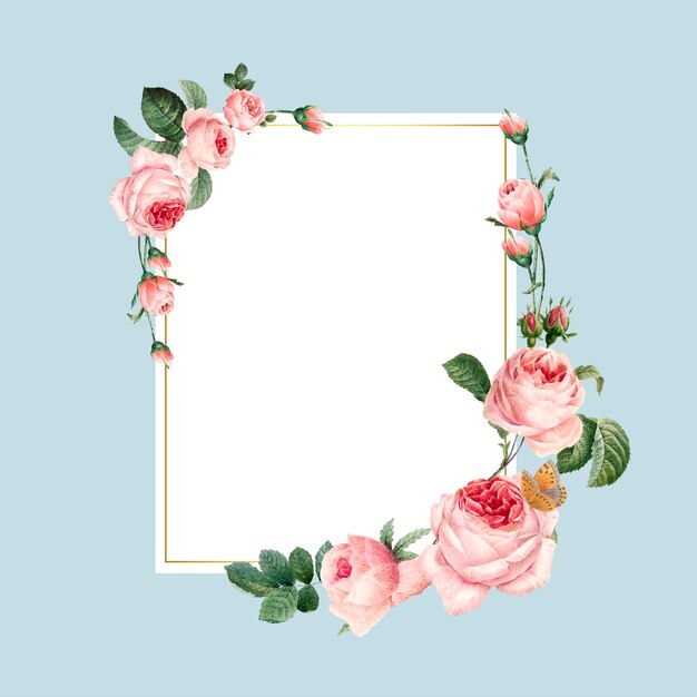 Marco de rosas rosadas de rectángulo en blanco en vector de fondo azul