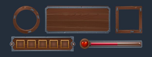Marco de tablero de madera y corazón de vida deslizador de dibujos animados Botón de textura de madera y icono de barra de progreso rojo Conjunto de interfaz de caja de carteles de menú medieval para aplicación pirata móvil Diseño de gui de metal marrón