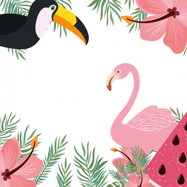 Marco de tucan y flamenco con flores de verano.