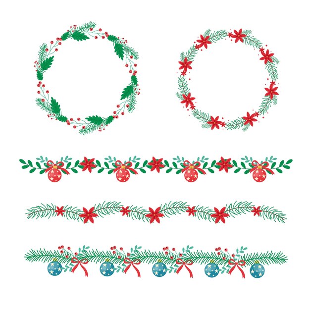 Marcos y bordes navideños tradicionales en diseño plano