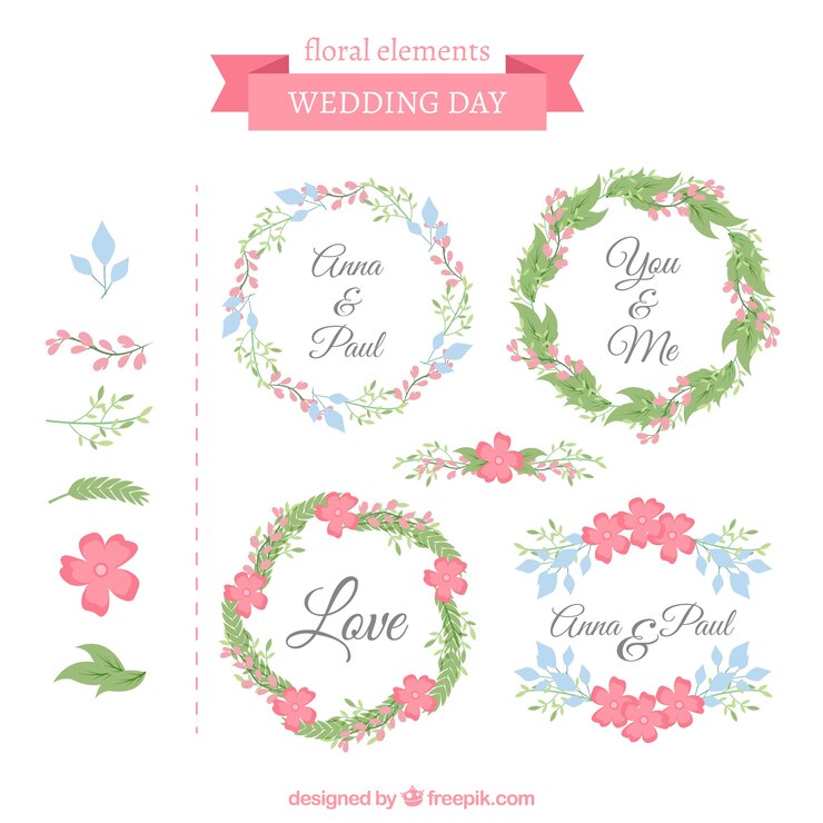 Vector gratuito marcos decorativos de boda con flores bonitas