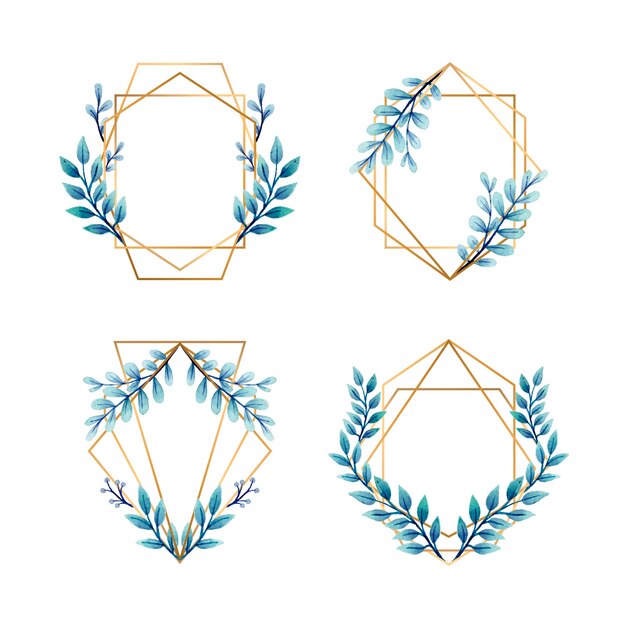 Marcos dorados con hojas azules para invitaciones de boda