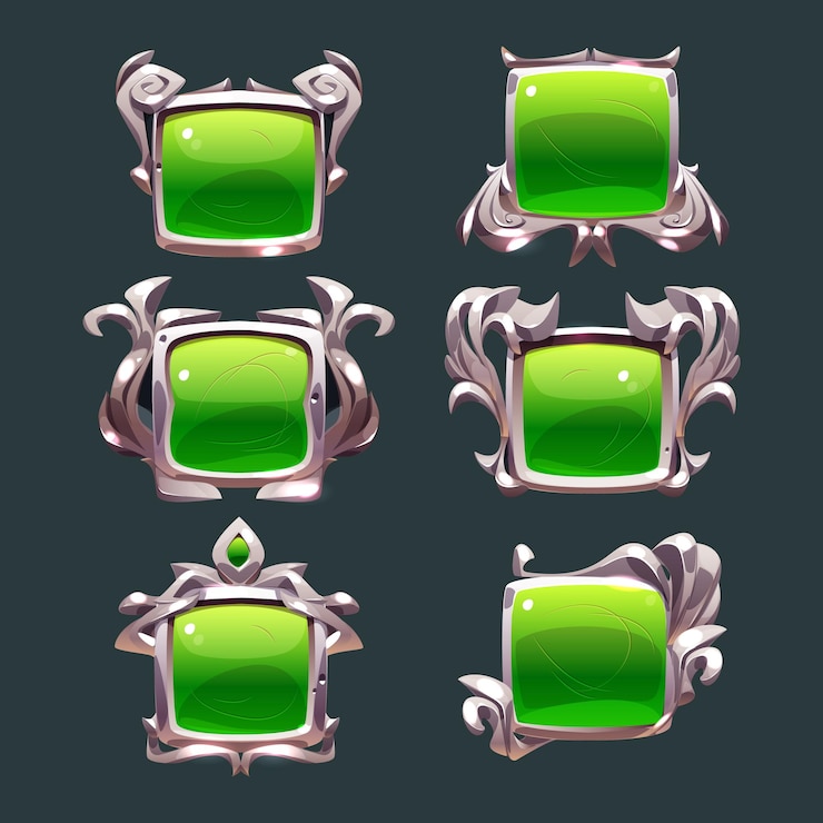 Vector gratuito marcos de interfaz de usuario de juego verde con tableros medievales plateados