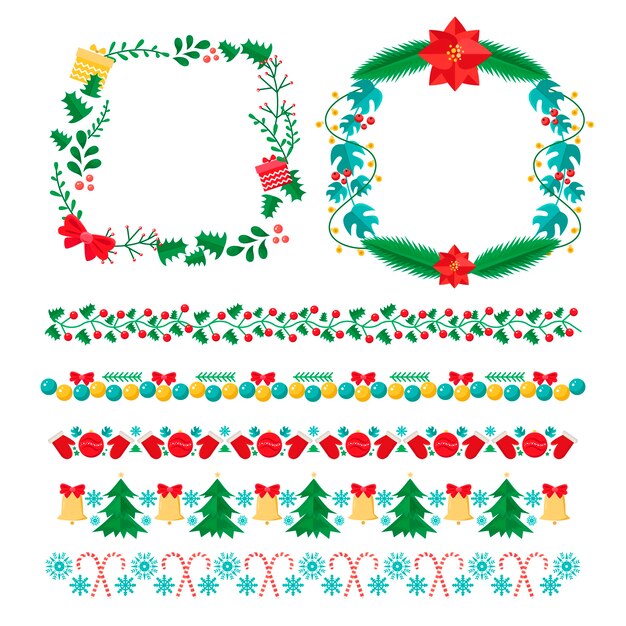 Marcos navideños y bordes en diseño plano