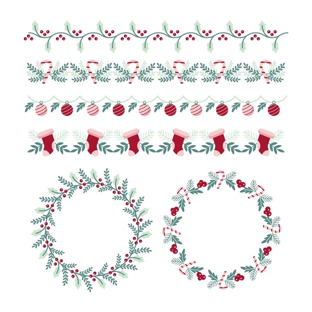 Marcos navideños y bordes en diseño plano.