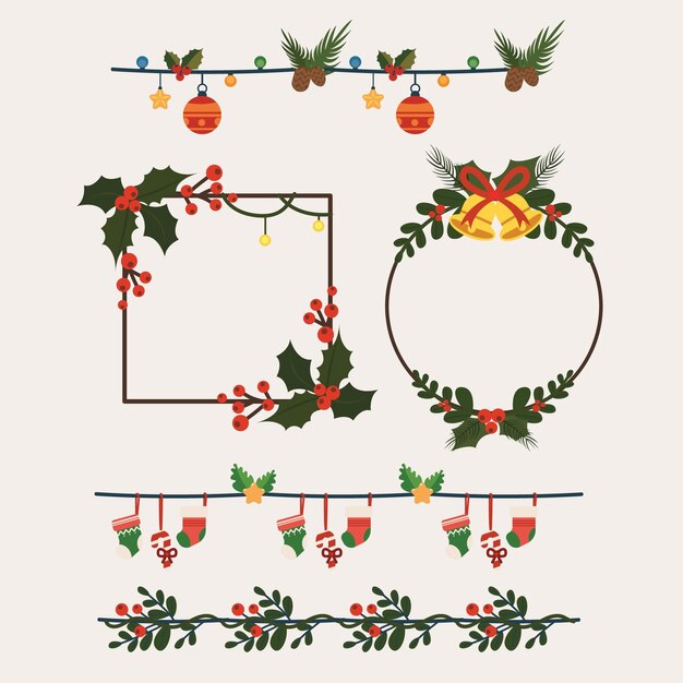 Marcos navideños y bordes en diseño plano.
