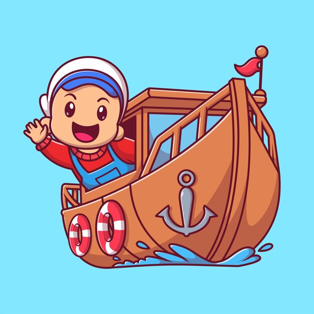 Marinero lindo agitando la mano en el barco Dibujos animados Vector Icono Ilustración Personas Transporte aislado