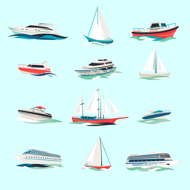 Marino barcos crucero marítimo viaje yate motor barcos plano iconos conjunto con jet cutter extracto aislado ilustración vectorial