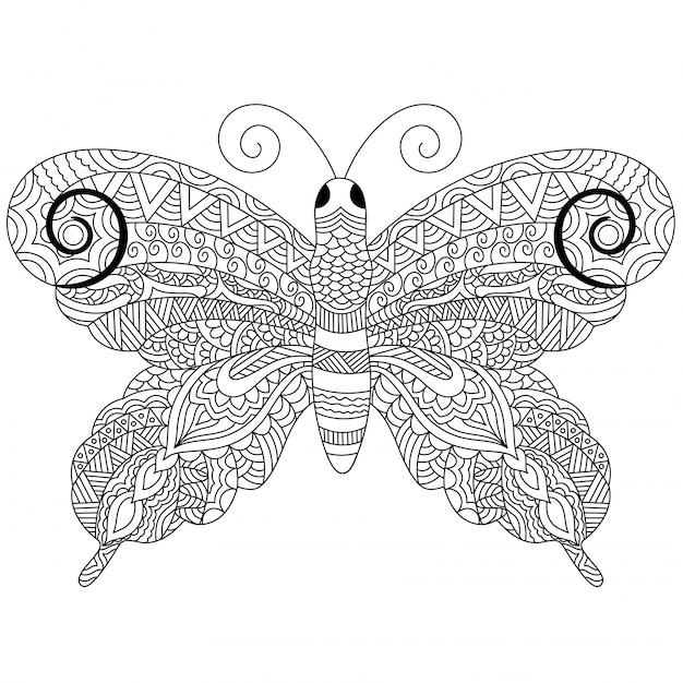 Mariposa de estilo zentangle creativo con adornos florales étnicos, Boceto a mano alzada en blanco y negro en estilo de garabato. Ilustración vectorial dibujado a mano.