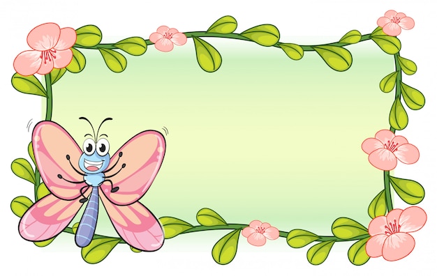 Vector gratuito una mariposa y un marco de plantas de flores.