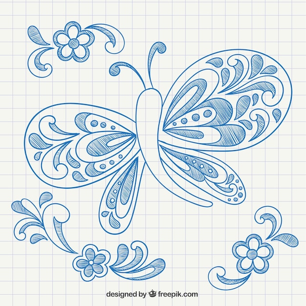 Vector gratuito mariposa y ornamentos dibujados a mano