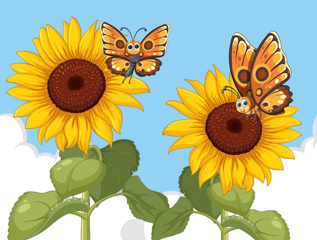 Vector gratuito las mariposas en los girasoles bajo el cielo azul