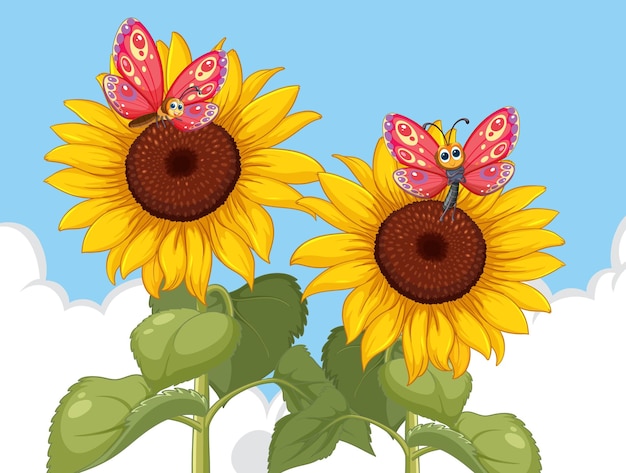 Vector gratuito las mariposas en los girasoles ilustración vectorial