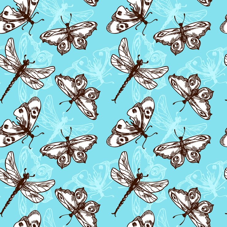Vector gratuito mariposas y libélulas insectos azul esbozo patrón transparente ilustración vectorial