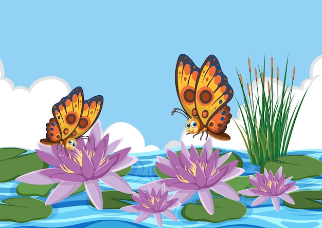 Las mariposas y los lirios acuáticos en un día soleado
