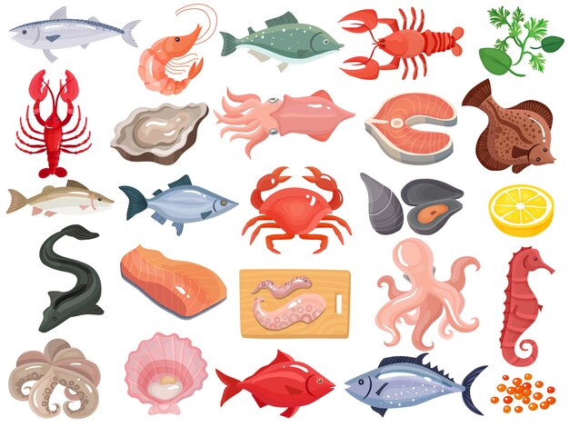 Mariscos iconos planos grandes conjunto