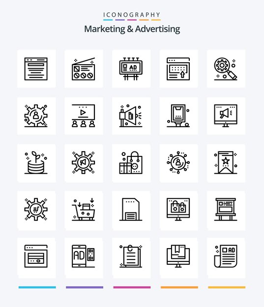 Marketing creativo y publicidad Paquete de iconos de 25 contornos, como banner, publicidad, noticias, publicidad, marketing.