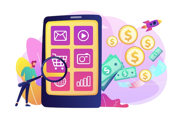 Marketing digital, comercio electrónico. Comprador de carácter plano de compras en línea. Monetización de aplicaciones, publicidad de aplicaciones móviles, concepto de promoción de descarga de aplicaciones.