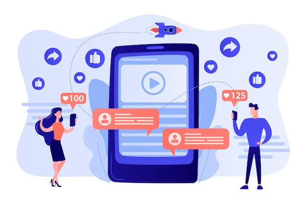Marketing digital, publicidad online, SMM. Notificación de aplicaciones, chatear, enviar mensajes de texto. Contenido viral, creación de memes de Internet, ilustración del concepto de contenido compartido masivo