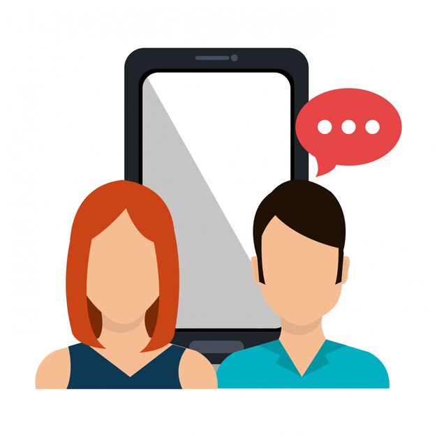 Marketing digital y ventas en línea, personaje femenino y masculino con chat de burbujas y móvil