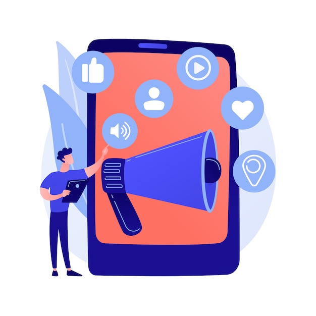 Marketing de medios sociales. Herramienta de comercio electrónico, gestión SMM, promoción online. Hombre de negocios mediante redes sociales para la promoción de productos.