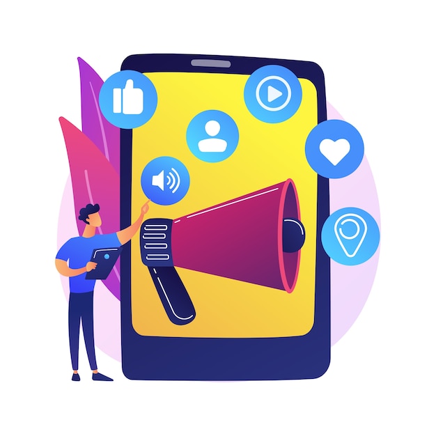 Marketing de medios sociales. Herramienta de comercio electrónico, gestión SMM, publicidad online. Empresario mediante redes sociales para la promoción de productos