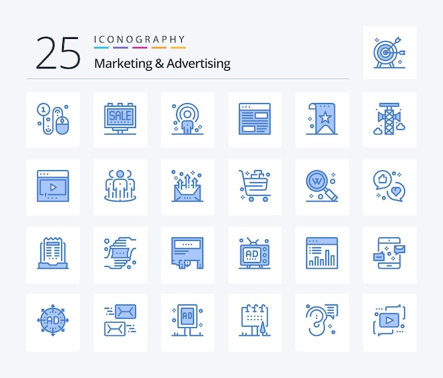 Marketing y publicidad 25 paquete de iconos de color azul que incluye persona de aplicación de póster de diseño de diseño