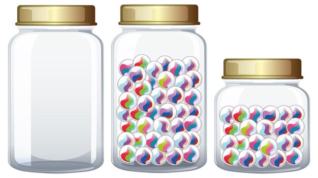 Los mármoles de colores en frascos de vidrio