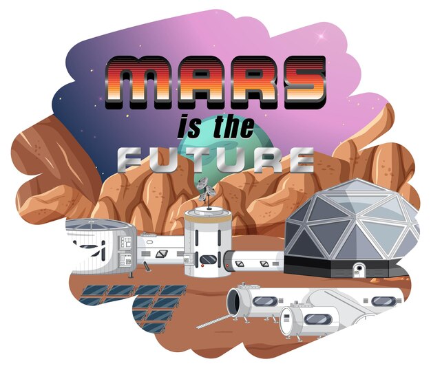 Marte es el diseño del logotipo de la palabra futura con estación espacial