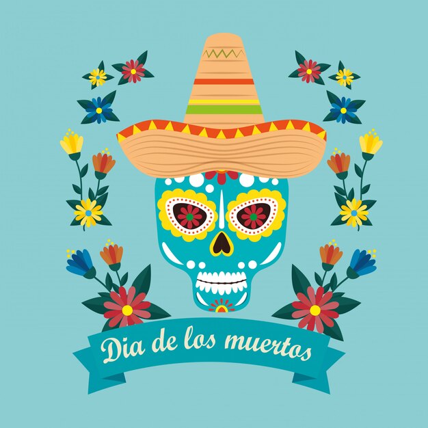 Máscara de calavera mexicana con sombrero para celebrar el evento